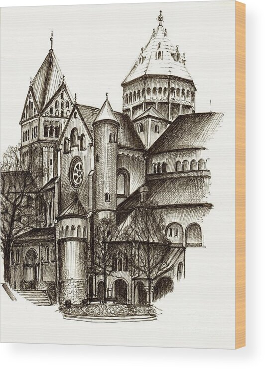 Church Of St. Anna Wood Print featuring the drawing Church of St. Anna Munich by Karina Plachetka
