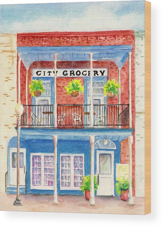 Oxford Ms Wood Print featuring the painting City Grocery Oxford Mississippi by Carlin Blahnik CarlinArtWatercolor