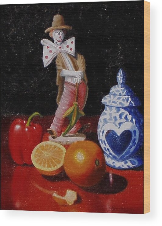 Still Life Wood Print featuring the painting Clown around fruit by Gene Gregory