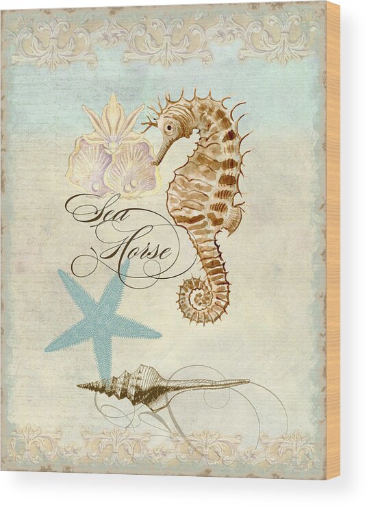 Watercolor Wood Print featuring the painting Coastal Waterways - Seahorse Rectangle 2 by Audrey Jeanne Roberts