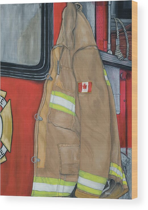 Firefighter Wood Print featuring the painting Coat of Courage- Canadian flag by Bobbi Whelan