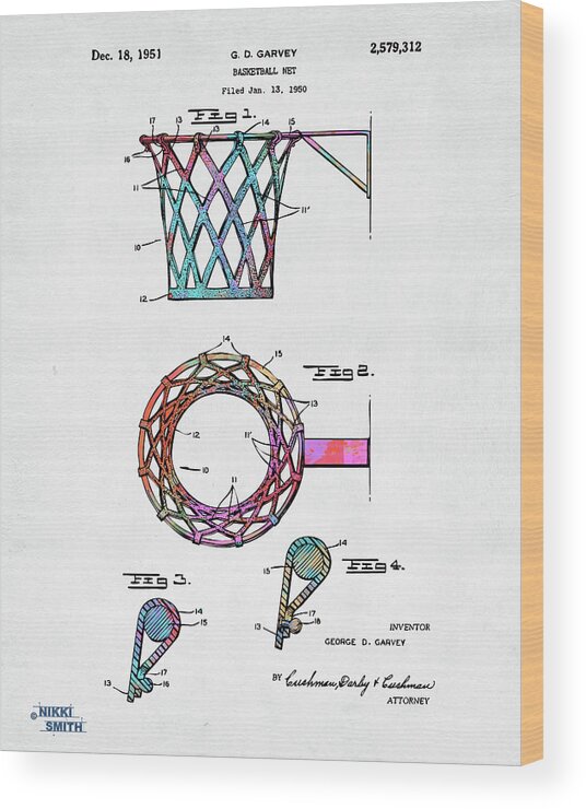 Basketball Wood Print featuring the digital art Colorful 1951 Basketball Net Patent Artwork by Nikki Marie Smith