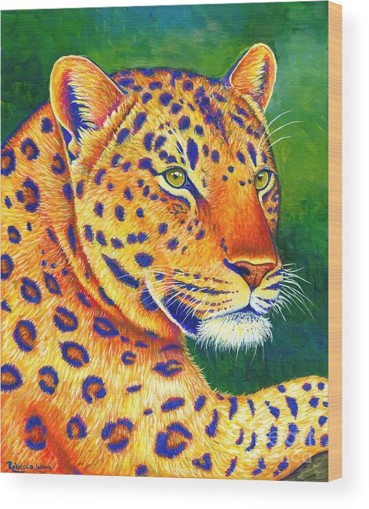 Leopard Wood Print featuring the painting Queen of the Jungle - Colorful Leopard by Rebecca Wang