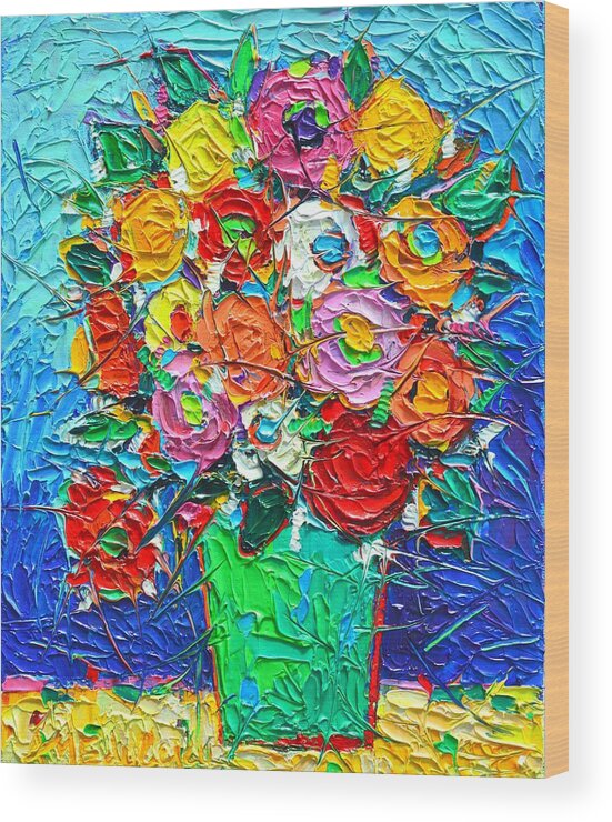 Abstract Wood Print featuring the painting Colorful Wildflowers Abstract Modern Impressionist Palette Knife Oil Painting By Ana Maria Edulescu by Ana Maria Edulescu