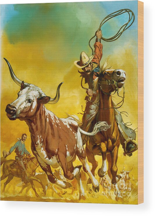 Cowboy Wood Print featuring the painting Cowboy lassoing cattle by Angus McBride