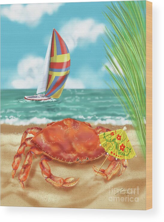 Crab Wood Print featuring the mixed media Crab with Cocktail Umbrella by Shari Warren