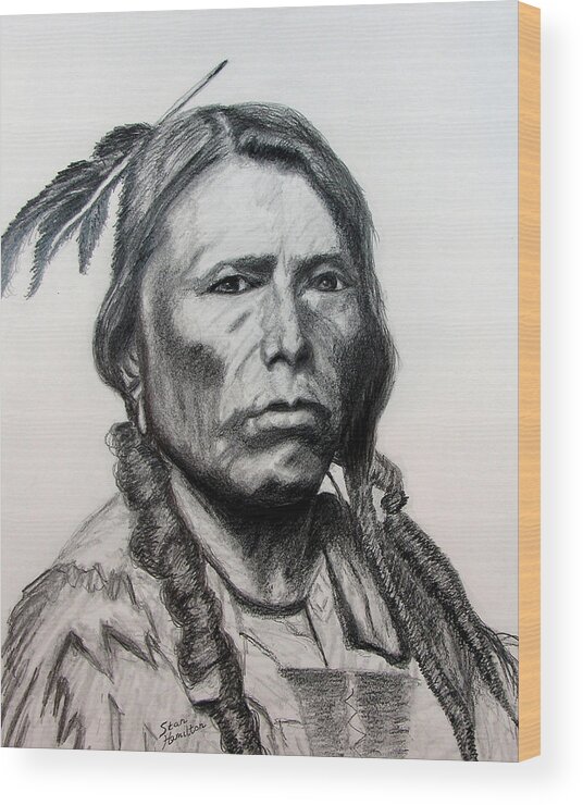 Indian Portrait Wood Print featuring the drawing Crazy Horse by Stan Hamilton