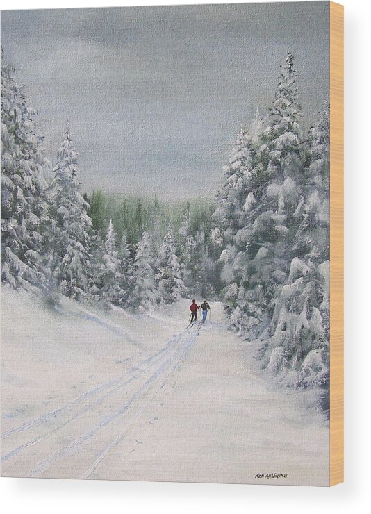 Ski. Skiing Wood Print featuring the painting Cross Country Skiers by Ken Ahlering