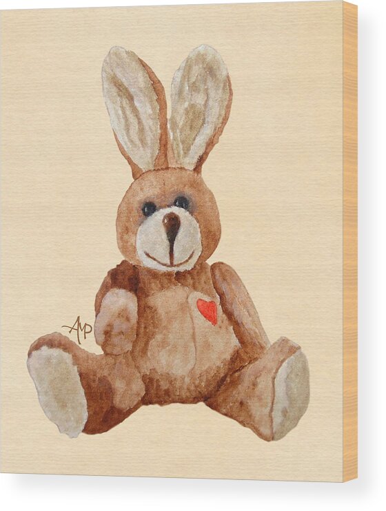 Cuddly Rabbit Wood Print featuring the painting Cuddly Care Rabbit by Angeles M Pomata