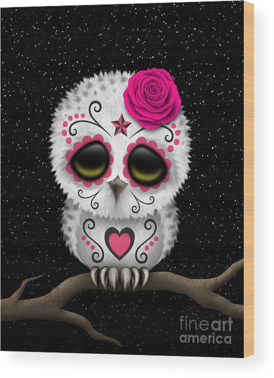 Owl Wood Print featuring the digital art Cute Pink Day of the Dead Sugar Skull Owl on a Branch by Jeff Bartels