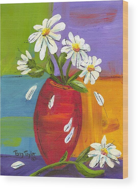 Daisy Wood Print featuring the painting Daisies in a Red Vase by Terry Taylor