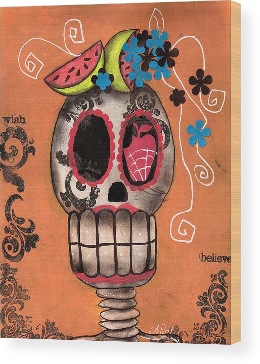 Day Of The Dead Wood Print featuring the painting Day of the Dead Watermelon by Abril Andrade