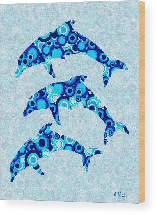 Dolphin Wood Print featuring the mixed media Dolphins - Animal Art by Anastasiya Malakhova