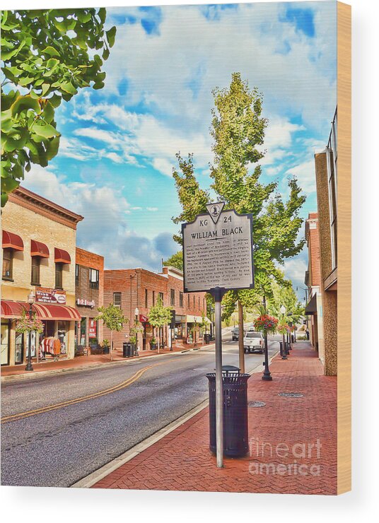 Downtown Blacksburg Virginia Wood Print featuring the photograph Downtown Blacksburg with Historical Marker by Kerri Farley