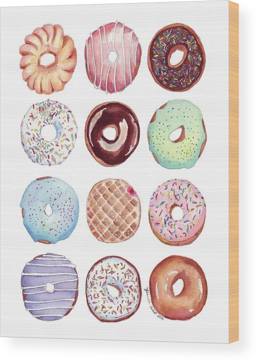 Donuts Wood Print featuring the painting Dozen Donuts Watercolor by Johanna Pabst