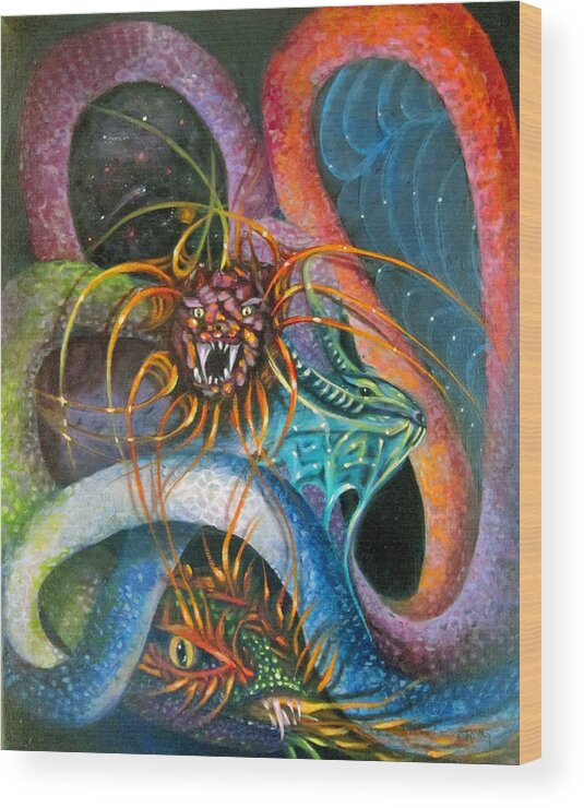 Curvismo Wood Print featuring the painting Dragons Three by Sherry Strong