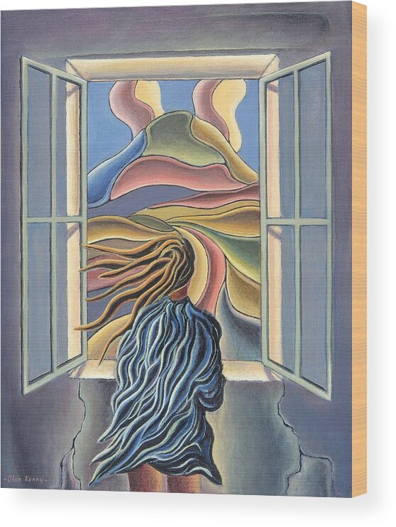 Dreamscape Wood Print featuring the painting Dreamscape With Girl By Window by Alan Kenny