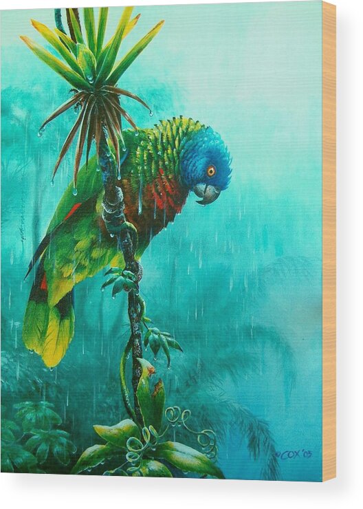 Chris Cox Wood Print featuring the painting Drenched - St. Lucia Parrot by Christopher Cox