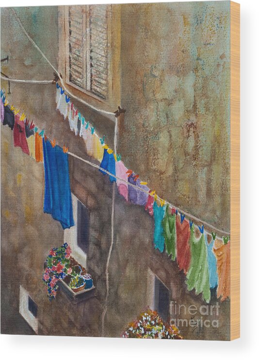 Laundry Wood Print featuring the painting Drying Time by Karen Fleschler