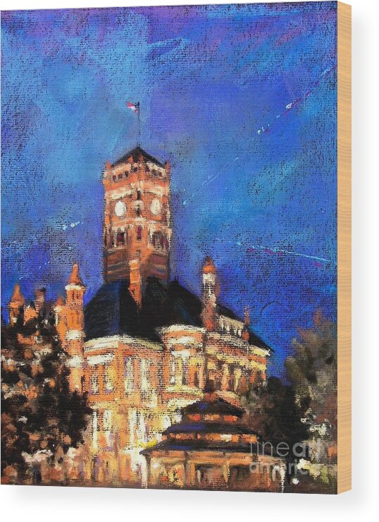 Bryan Wood Print featuring the painting Dusk at the Courthouse Square by Shelley Schoenherr