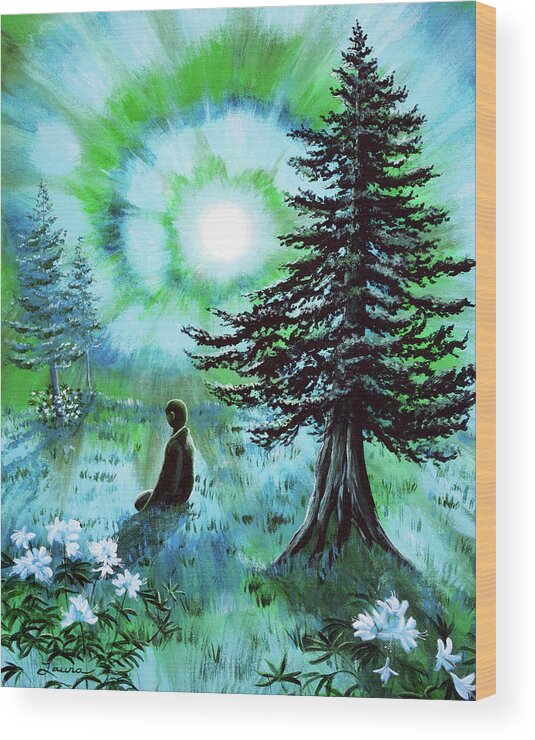 Blue Wood Print featuring the painting Early Morning Meditation in Blues and Greens by Laura Iverson