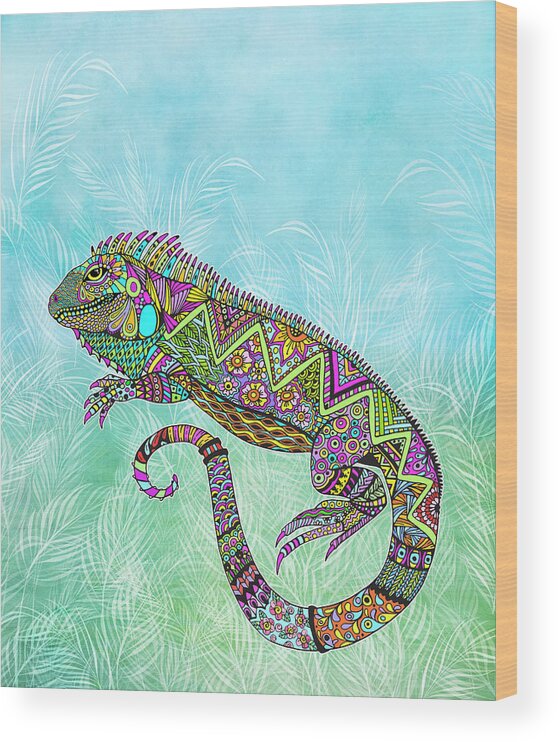 Iguana Wood Print featuring the drawing Electric Iguana by Tammy Wetzel