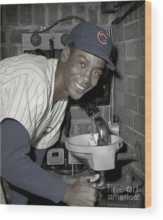 Ernie Banks Wood Print featuring the photograph Ernie Banks at Cubs Water Fountain by Martin Konopacki Restoration