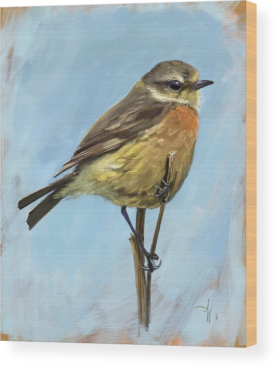 Stonechat Wood Print featuring the painting Female Stonechat by Arie Van der Wijst