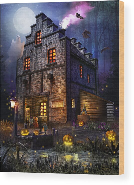 Ghosts Wood Print featuring the mixed media Firefly Inn Halloween Edition by Joel Payne