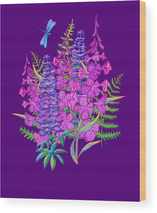 Fireweed And Lupine Shirt Design Wood Print featuring the painting Fireweed and Lupine T shirt design by Teresa Ascone