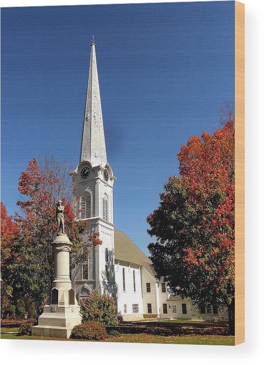 Church In Manchester Wood Print featuring the photograph First Congregational Church and Ethan Allen Revolutionary War Patriot Statue in Manchester Vermont by Linda Stern