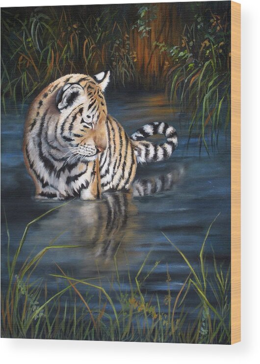 Tiger Cub Wood Print featuring the painting First Reflection by Mary McCullah