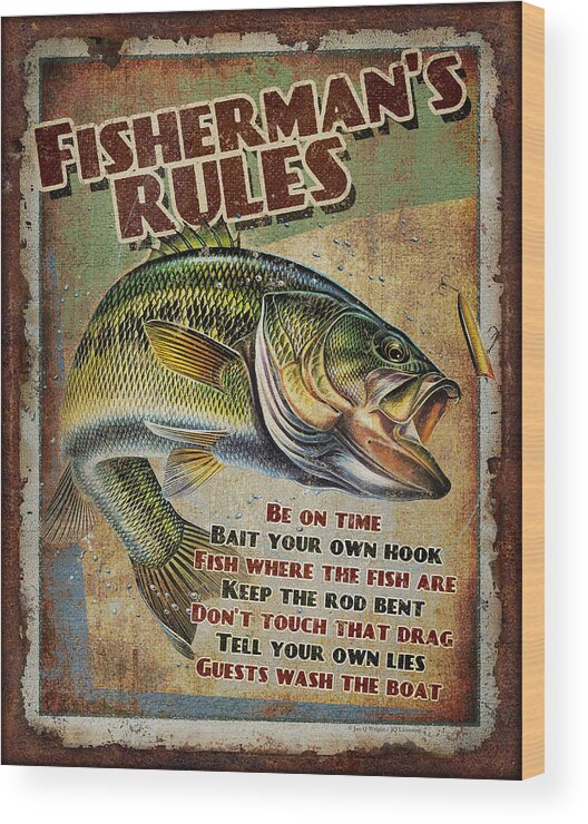 Fish Wood Print featuring the painting Fisherman's Rules by JQ Licensing