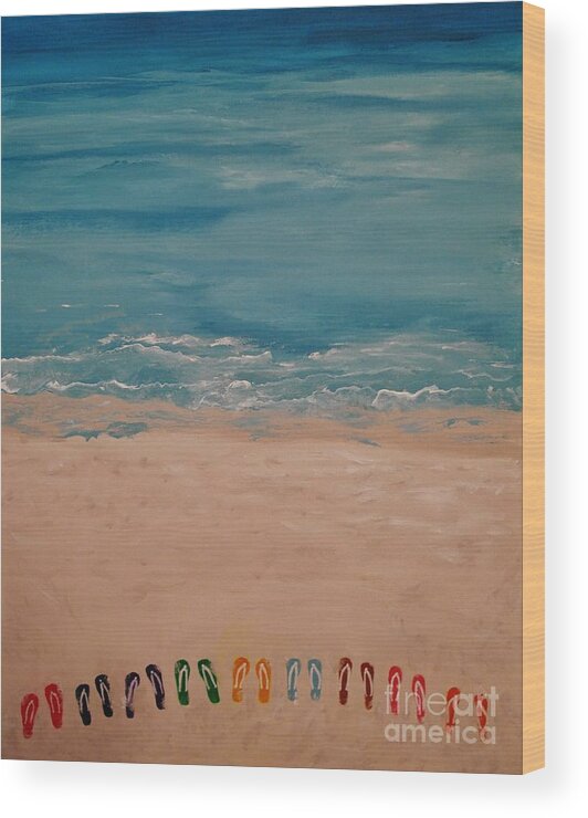 A-fine-art-painting-abstract Wood Print featuring the painting Flip Flops on the Beach by Catalina Walker