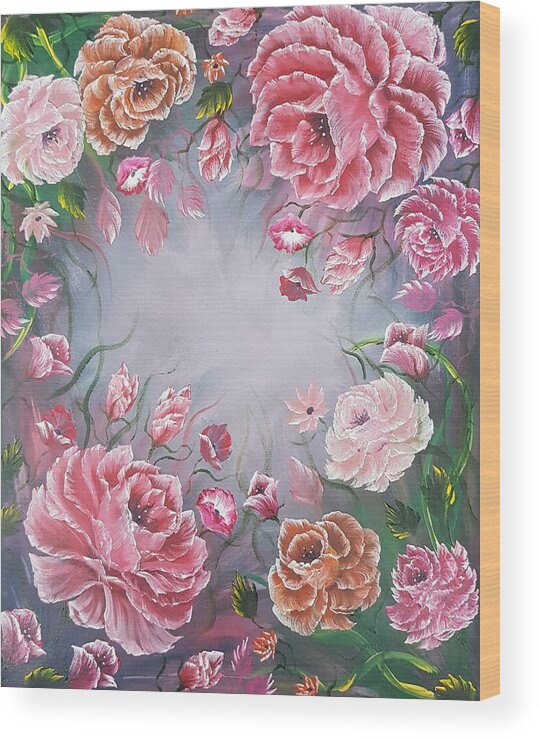 Red Wood Print featuring the painting Floral enchanting red roses by Angela Whitehouse