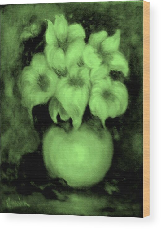 Green Flowers In Vase Wood Print featuring the painting Floral Puffs in Green by Jordana Sands