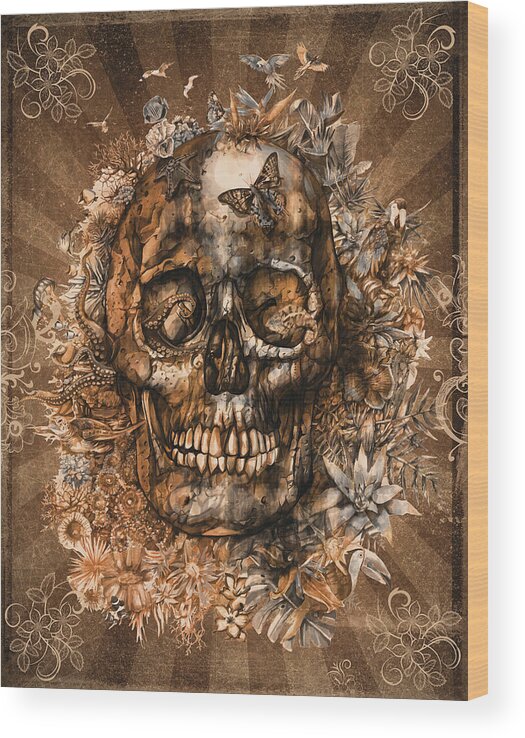 Skull Wood Print featuring the painting Floral Tropical Skull Vintage 2 by Bekim M