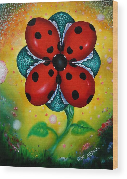 Lady Bugs Wood Print featuring the painting Flower 4 Lady Bugs by Arthur Covington