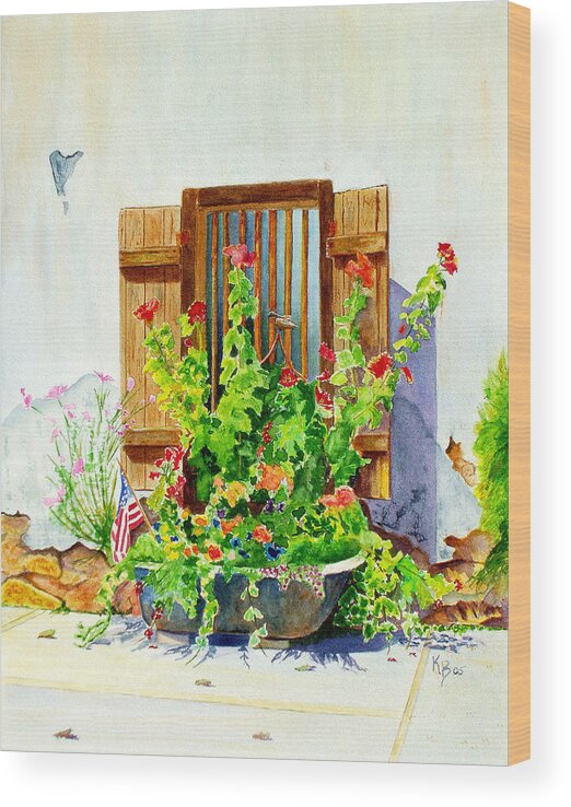 Tub Wood Print featuring the painting Flower Tub by Karen Fleschler