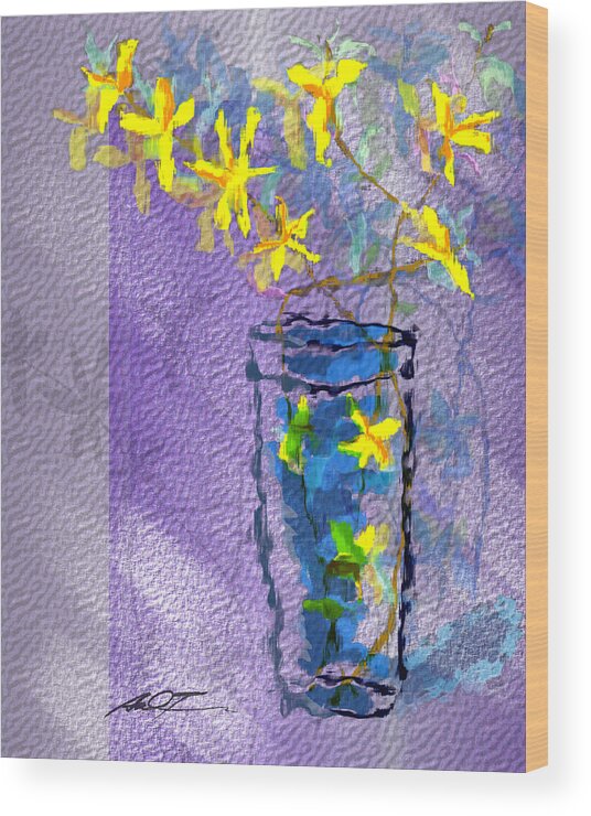 Yellow Wood Print featuring the painting Flowers in Vase by Dale Turner