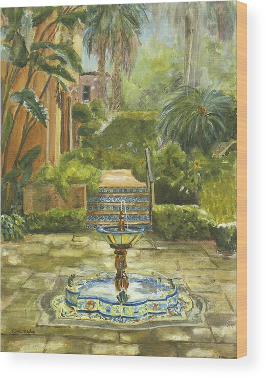 Bok Tower Gardens Wood Print featuring the painting Fountain at Pinewood by Linda Kegley