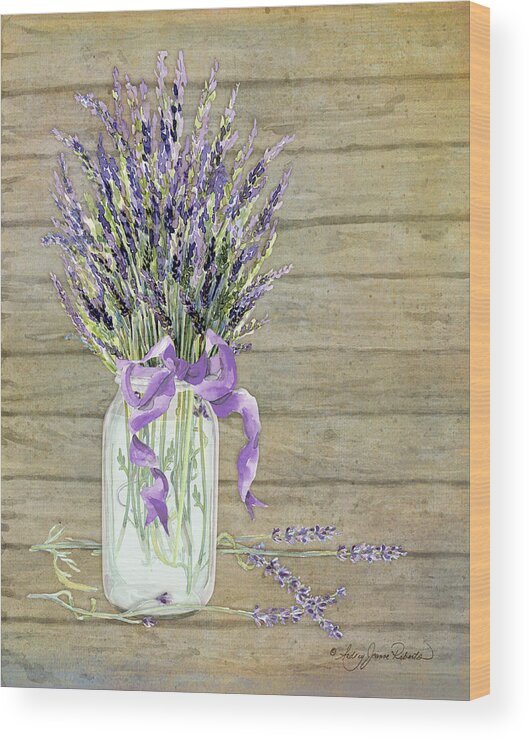 Watercolor Wood Print featuring the painting French Lavender Rustic Country Mason Jar Bouquet on Wooden Fence by Audrey Jeanne Roberts