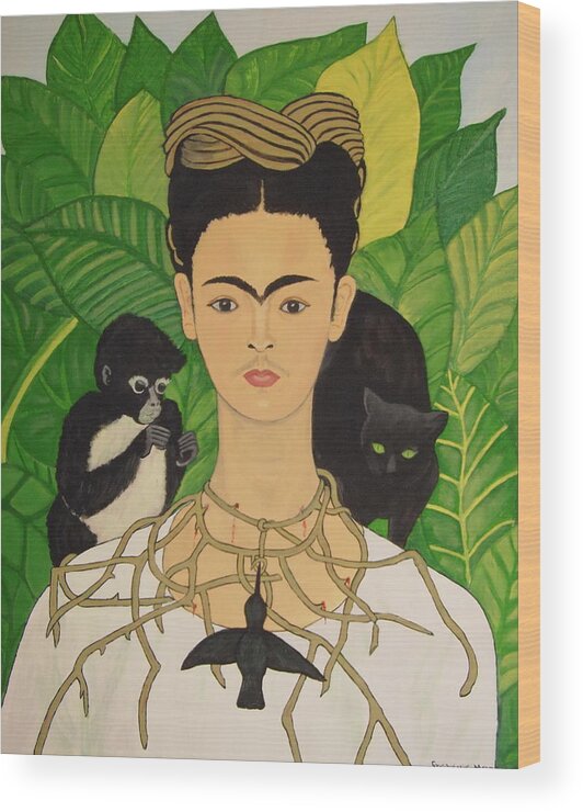 Frida Kahlo Wood Print featuring the painting Frida with Monkey and Cat by Stephanie Moore