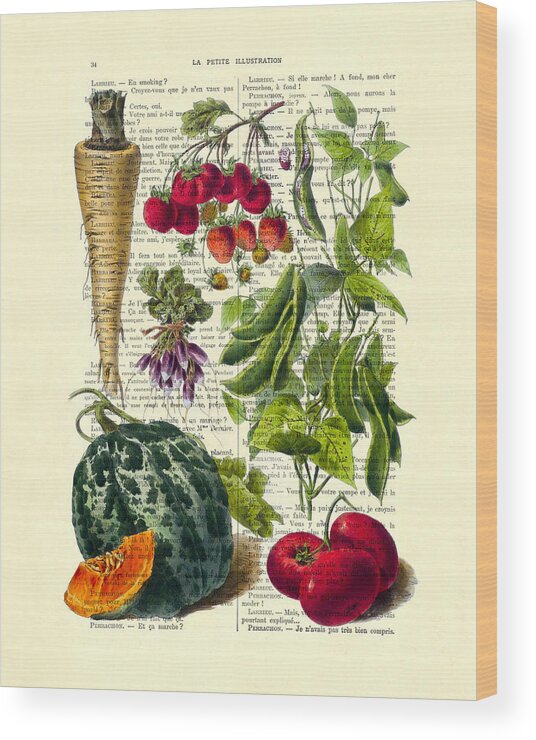 Fruits And Vegetables Wood Print featuring the digital art Fruits and vegetables kitchen decoration by Madame Memento