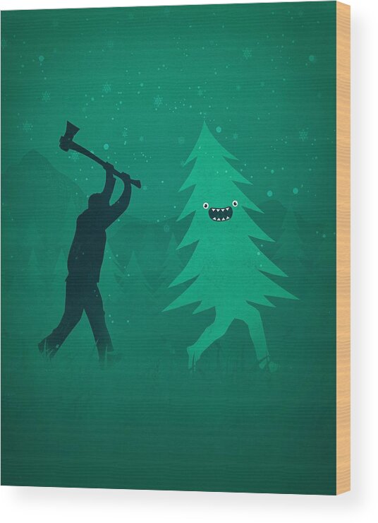 Cute Wood Print featuring the digital art Funny Cartoon Christmas tree is chased by Lumberjack Run Forrest Run by Philipp Rietz