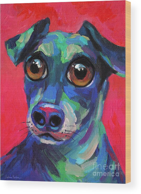 Weiner Dog Wood Print featuring the painting Funny dachshund weiner dog with intense eyes by Svetlana Novikova