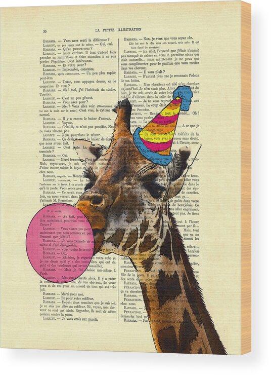 Giraffe Wood Print featuring the digital art Funny giraffe, dictionary art by Madame Memento