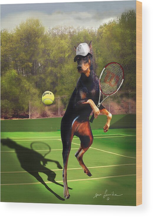 Fine Art Wood Print featuring the painting funny pet scene tennis playing Doberman by Regina Femrite