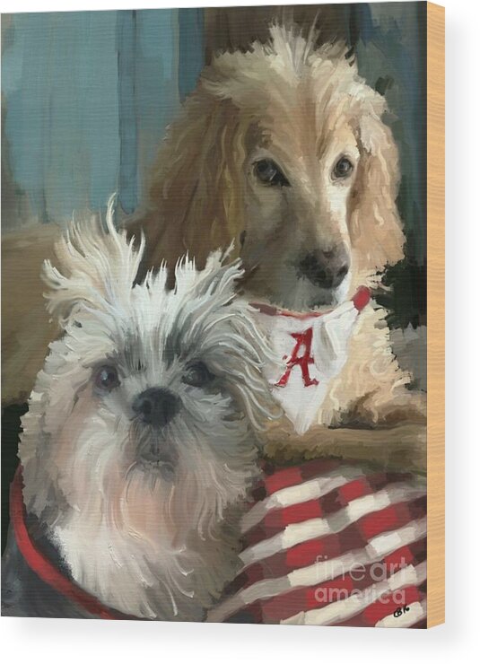 Puppy Wood Print featuring the painting Game Day by Carrie Joy Byrnes