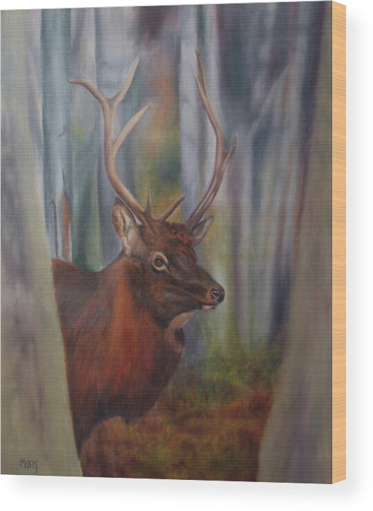 Elk; Gaming; Woods; Antlers Wood Print featuring the painting Game by Marg Wolf